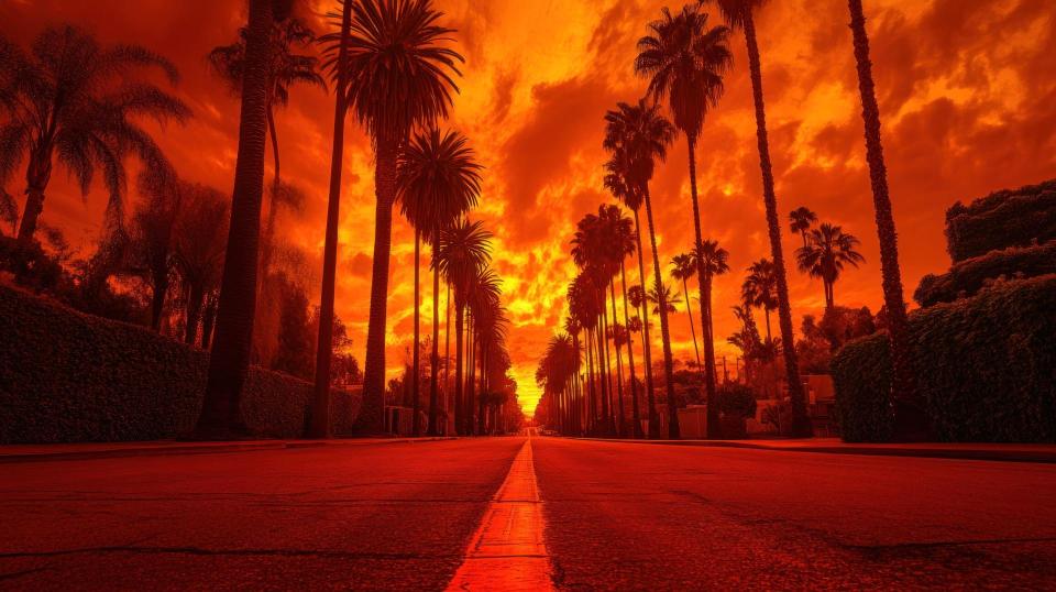 A sunset street in Los Angeles, palm trees lining the road, warm orange glow