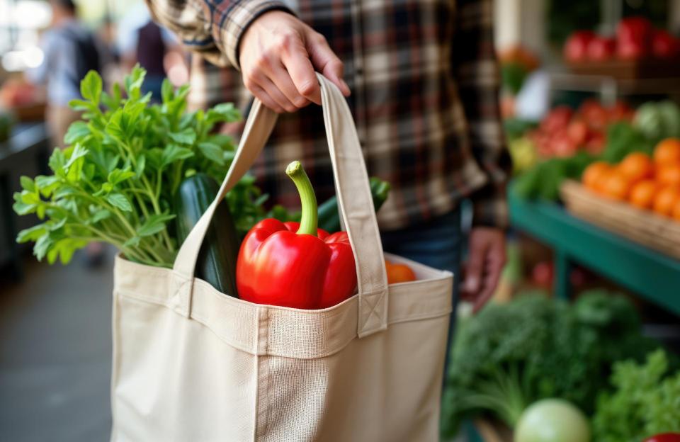 Person uses reusable produce bag filled with fresh vegetables at local market.