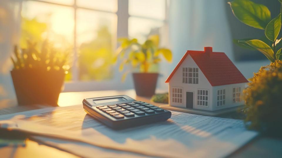 Financial planning essentials: close up of financial documents, calculator, and model house for real estate investment