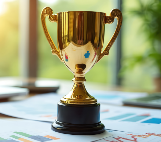 Golden trophy cup proudly stands on bright office desk.