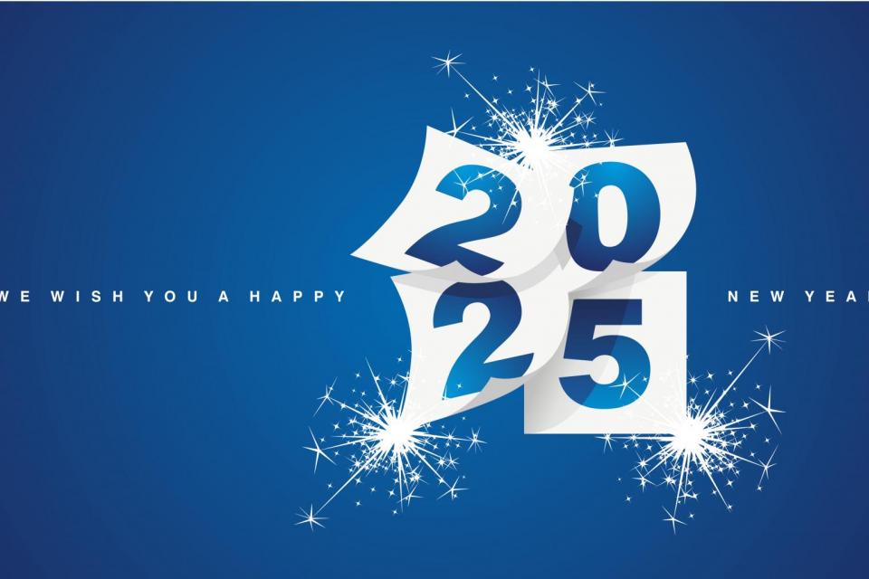 We wish you a Happy New Year 2025  design template with sparkle firework on blue background. 