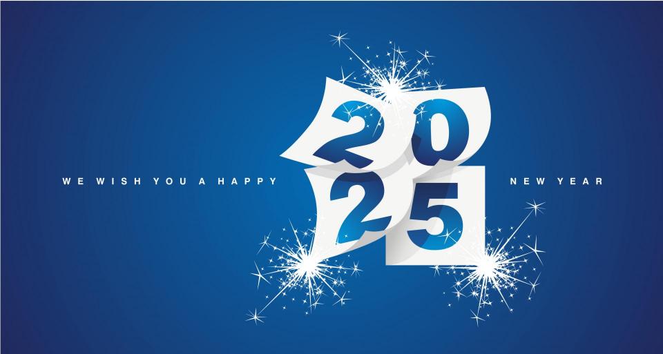 We wish you a Happy New Year 2025  design template with sparkle firework on blue background. 